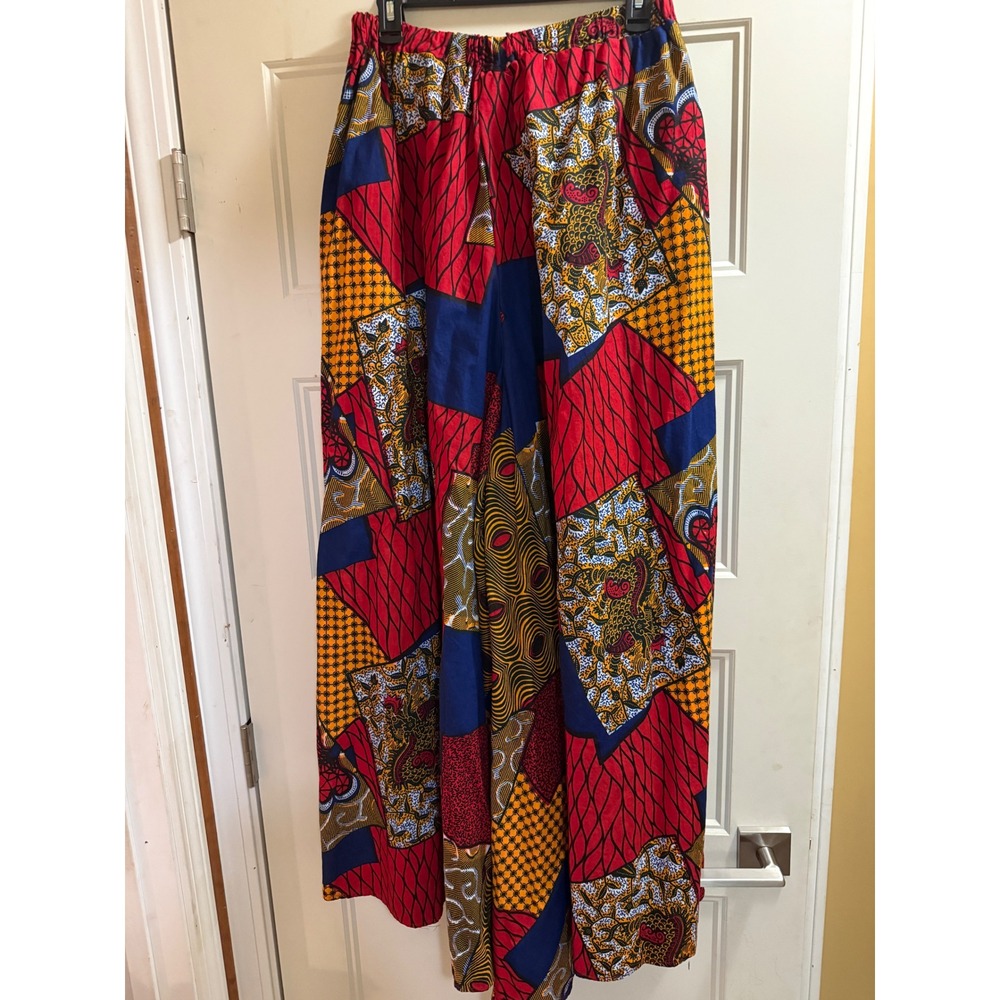 Handmade African Wax Print Palazzo Pants Wide Leg Red Blue Yellow Patchwork XXL